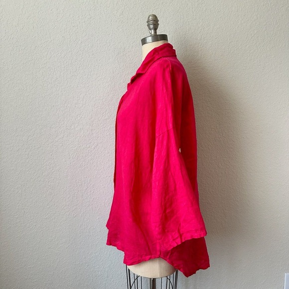 ITALY MADE 100% Linen Roll-Tab Sleeve Gauze Button-Up Shirt in Hot Pink - Picture 5 of 12